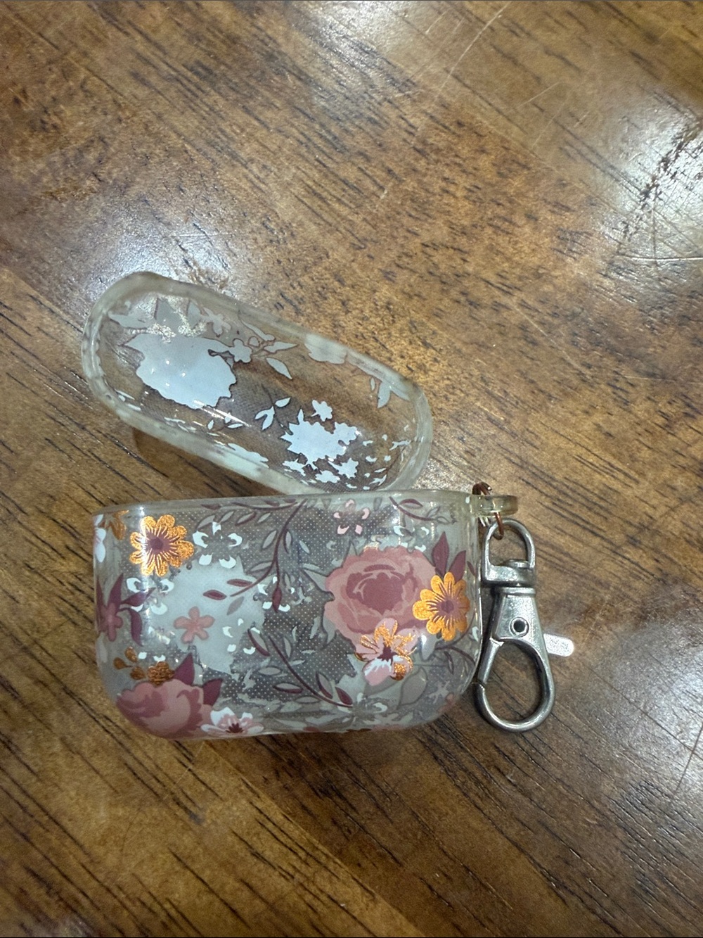 Floral Clear Silicone Earbud Case with Key Clip - Pink & Gold Accents